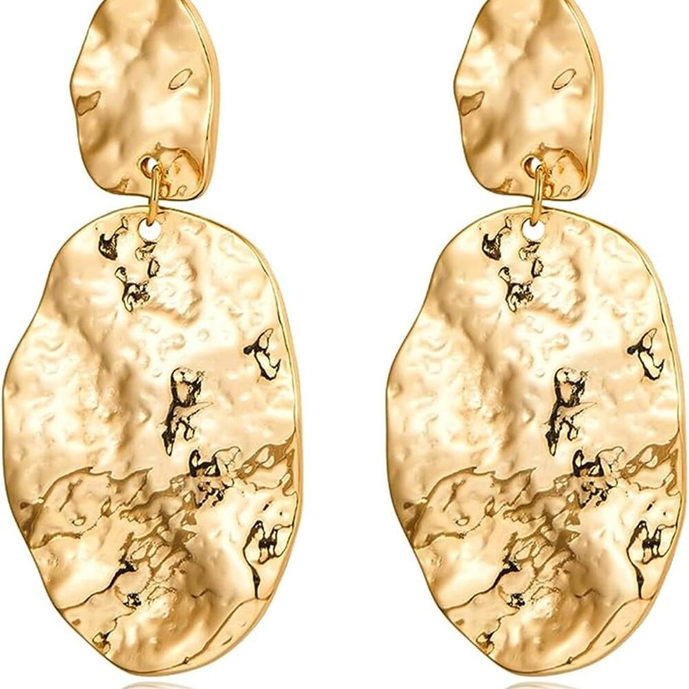 Gold Women Earrings Gold Statement Earrings Geometric Round Hammered Earrings Bi